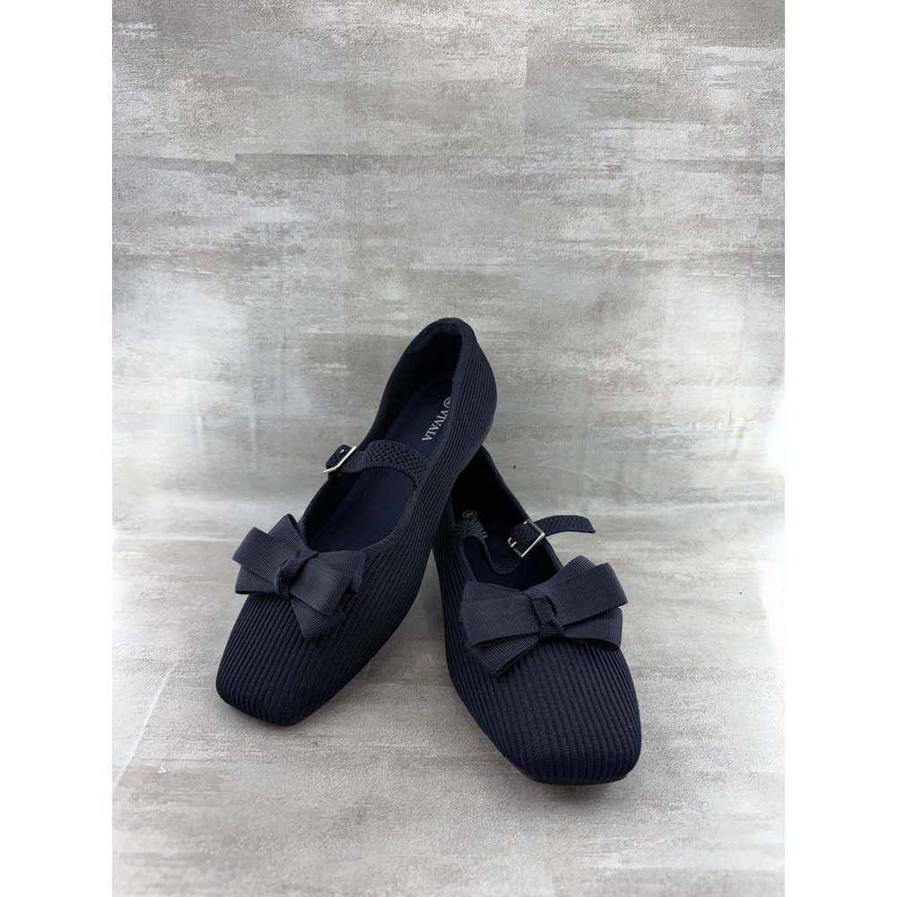 Vivaia Margot Navy Blue Ribbed Knit Square Toe Bow Mary Jane Flats Women Sz 41.5
